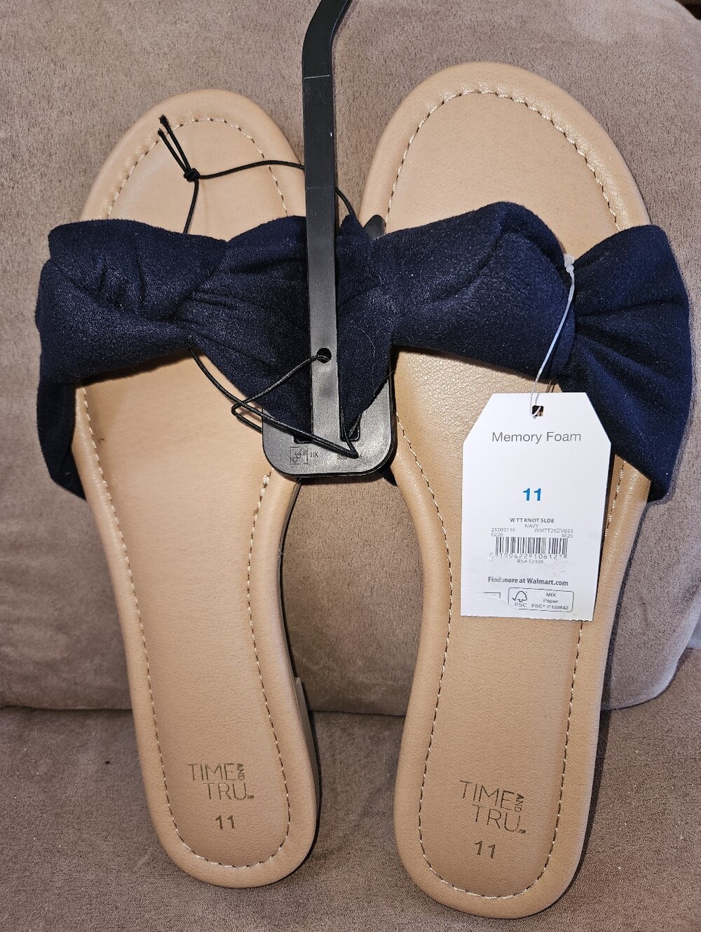 NWT Time and Tru Sz 11 Navy Knot Slide Sandals - Memory Foam